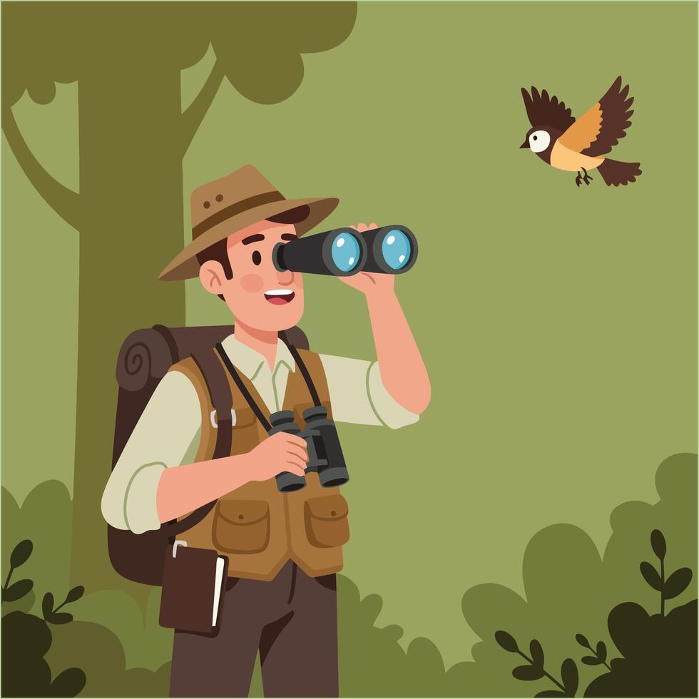 Man Birdwatching with Binoculars in Forest Outdoor Adventure Illustration vector