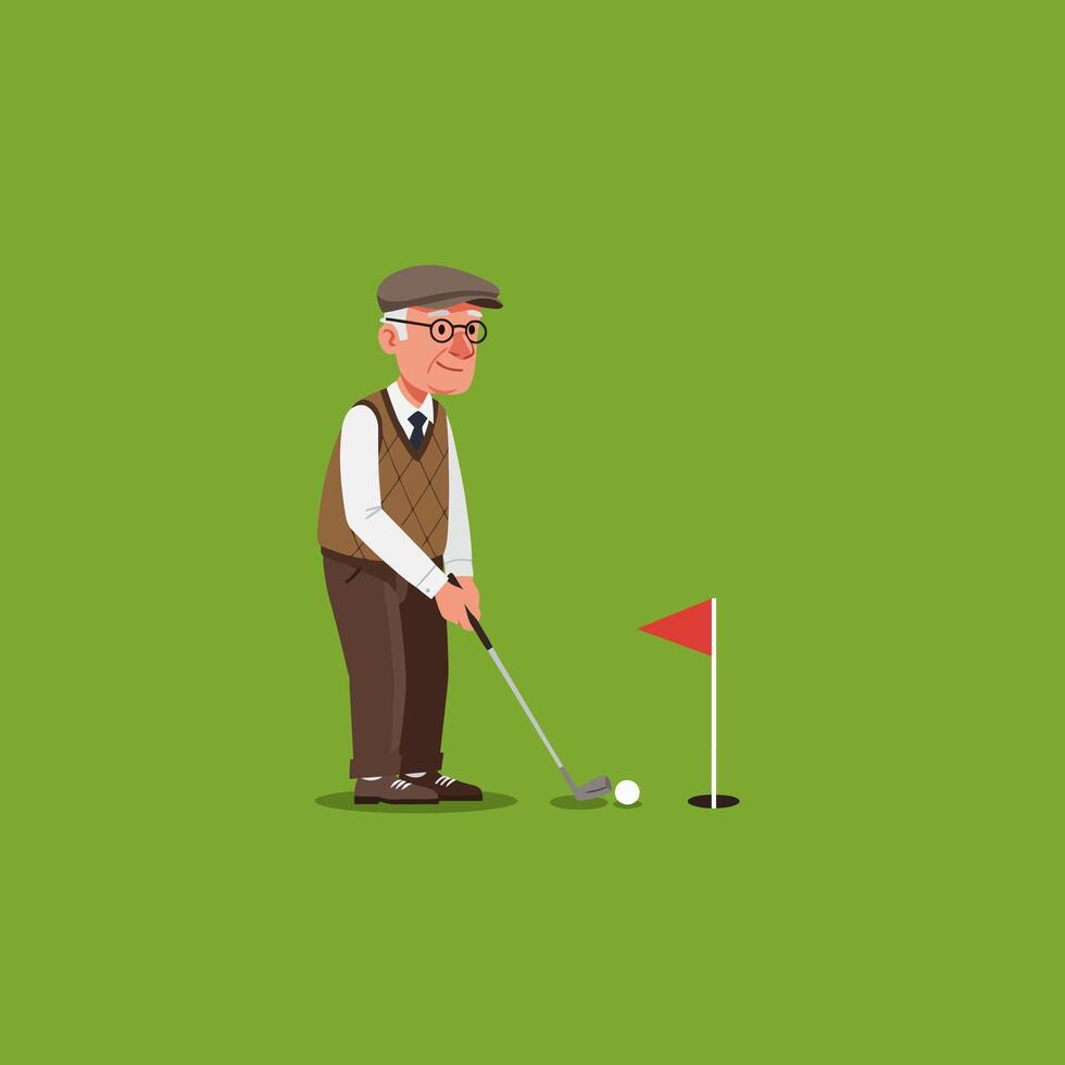 Senior Man Playing Golf Putting Ball Near Hole with Red Flag vector
