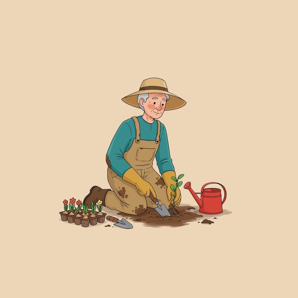 Gardening Man Planting Seedling with Tools in Soil Illustration vector