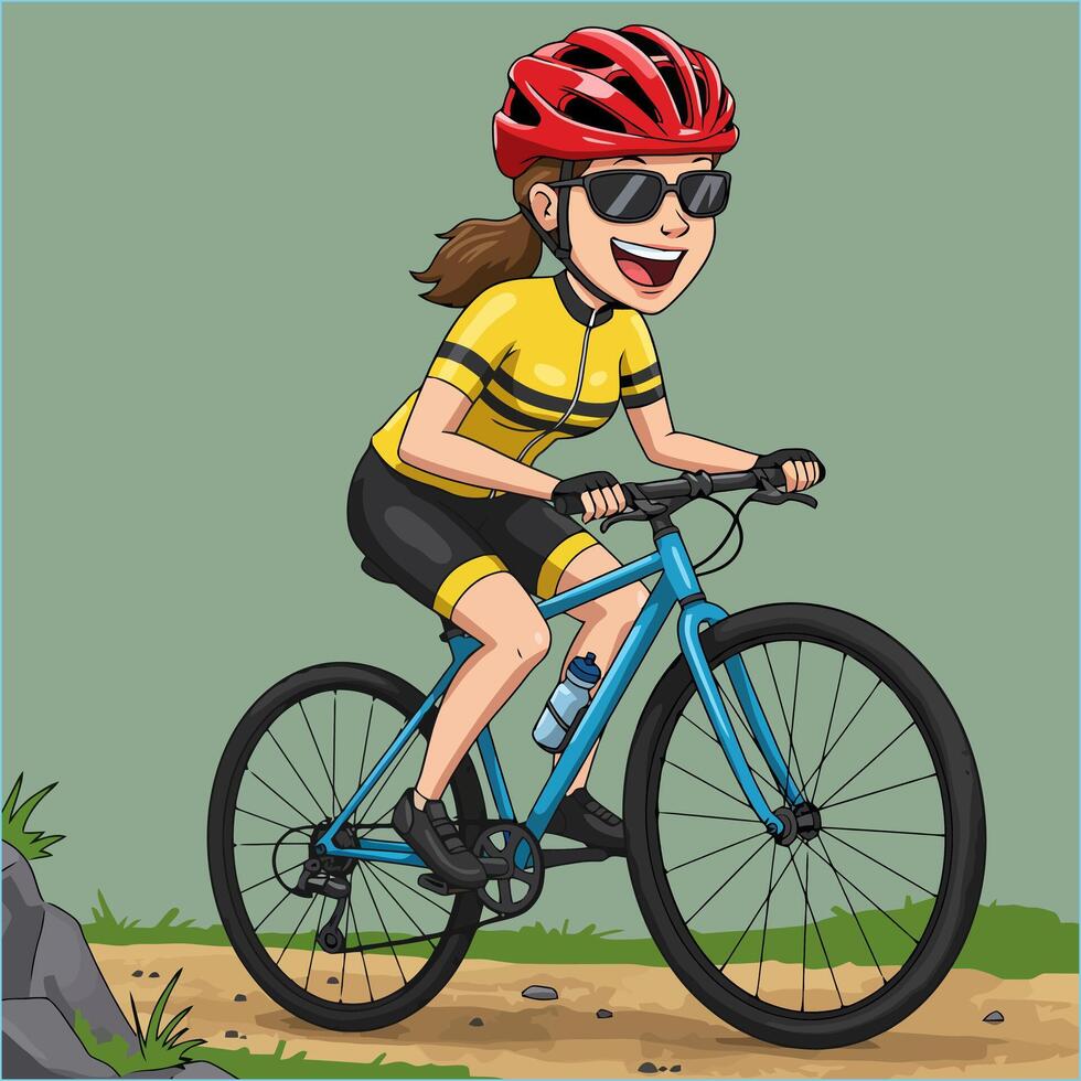 Woman Cycling on Trail Wearing Helmet and Sunglasses Adventure Concept vector