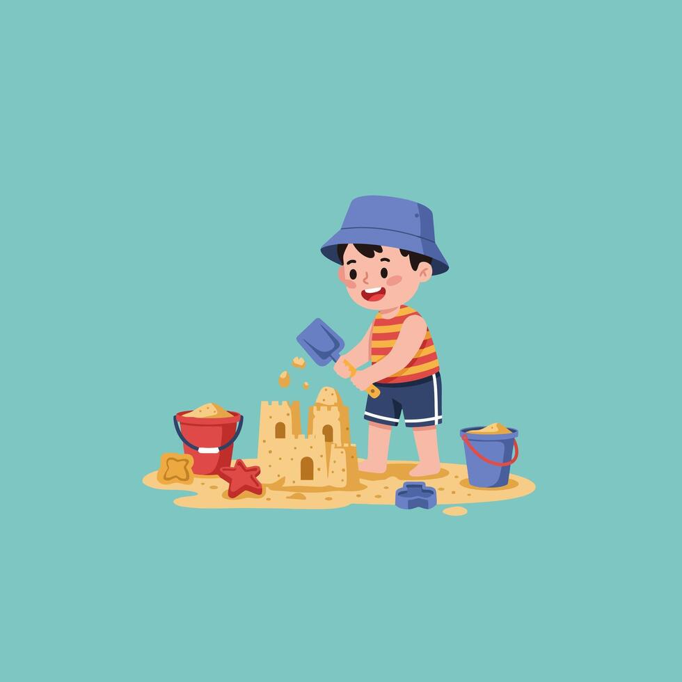 Boy Building Sandcastle on Beach with Shovel Bucket and Starfish vector