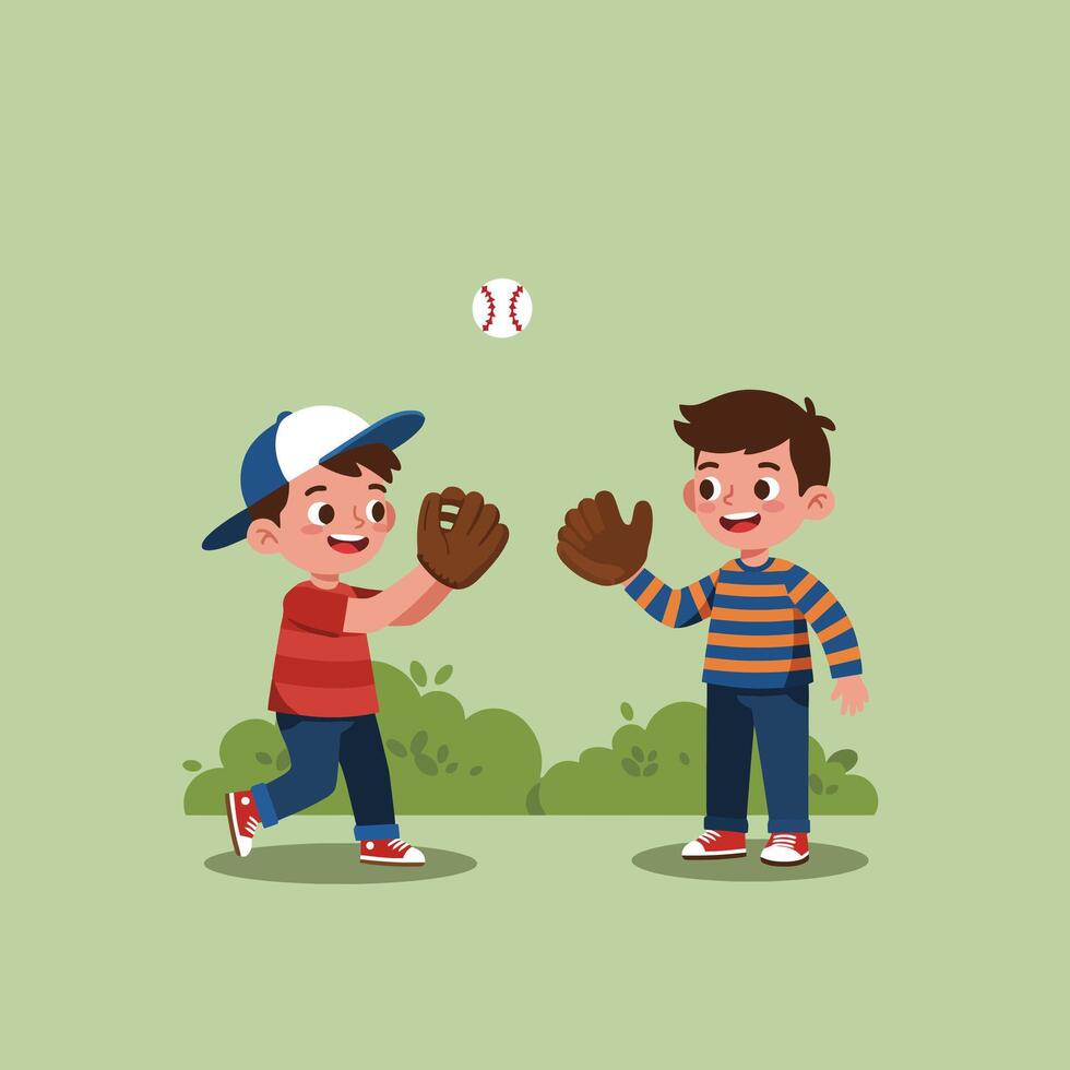 Two Boys Playing Baseball Outside Throwing and Catching the Ball vector