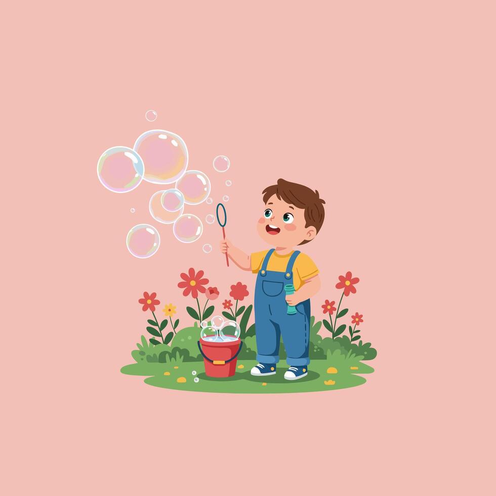 Boy Blowing Bubbles in Garden with Wand and Soapy Water vector