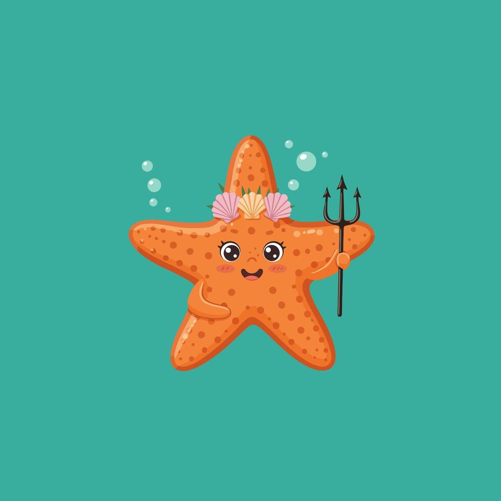 Cute Starfish Character Holding Trident with Shells on Turquoise Background vector