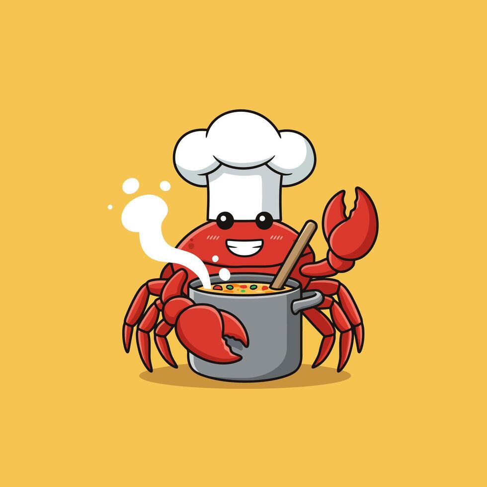 Cartoon Crab Cooking with Chef Hat Stirring Pot on Yellow Background vector