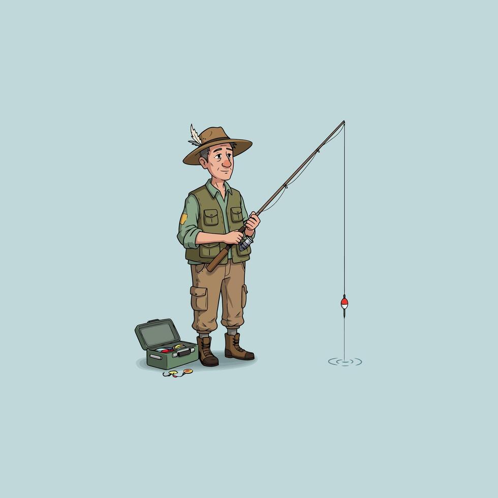 Cartoon Fisherman Fishing with Rod and Float on a Light Background vector