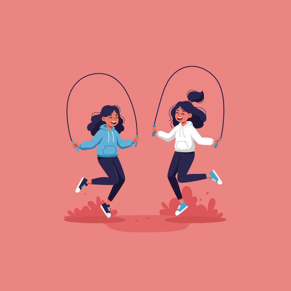 Two Girls Jumping Rope Together Having Fun Engaging in Fitness Activity vector