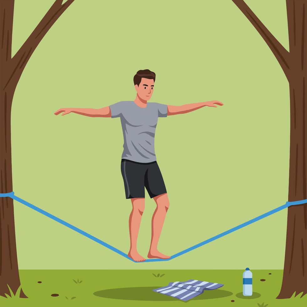 Man Balancing on Slackline Between Trees Outdoors in a Park vector