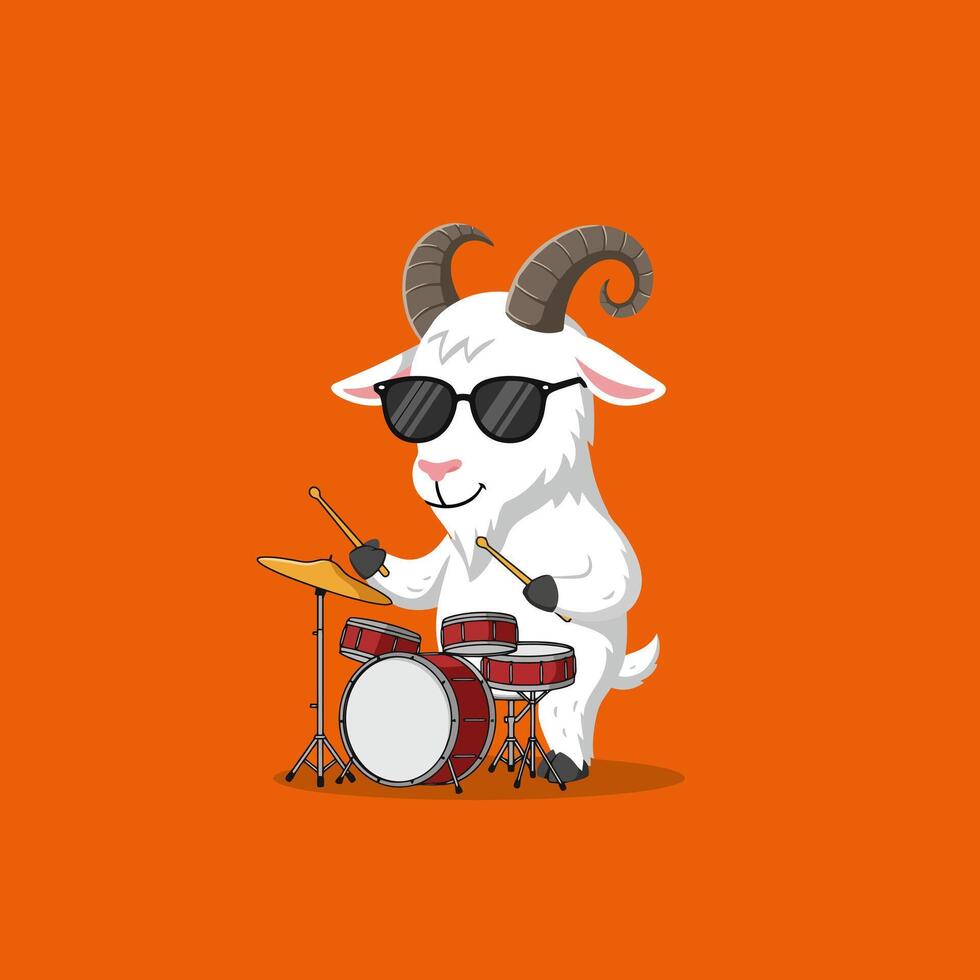 Goat Playing Drum Set Cartoon Illustration on Orange Background vector