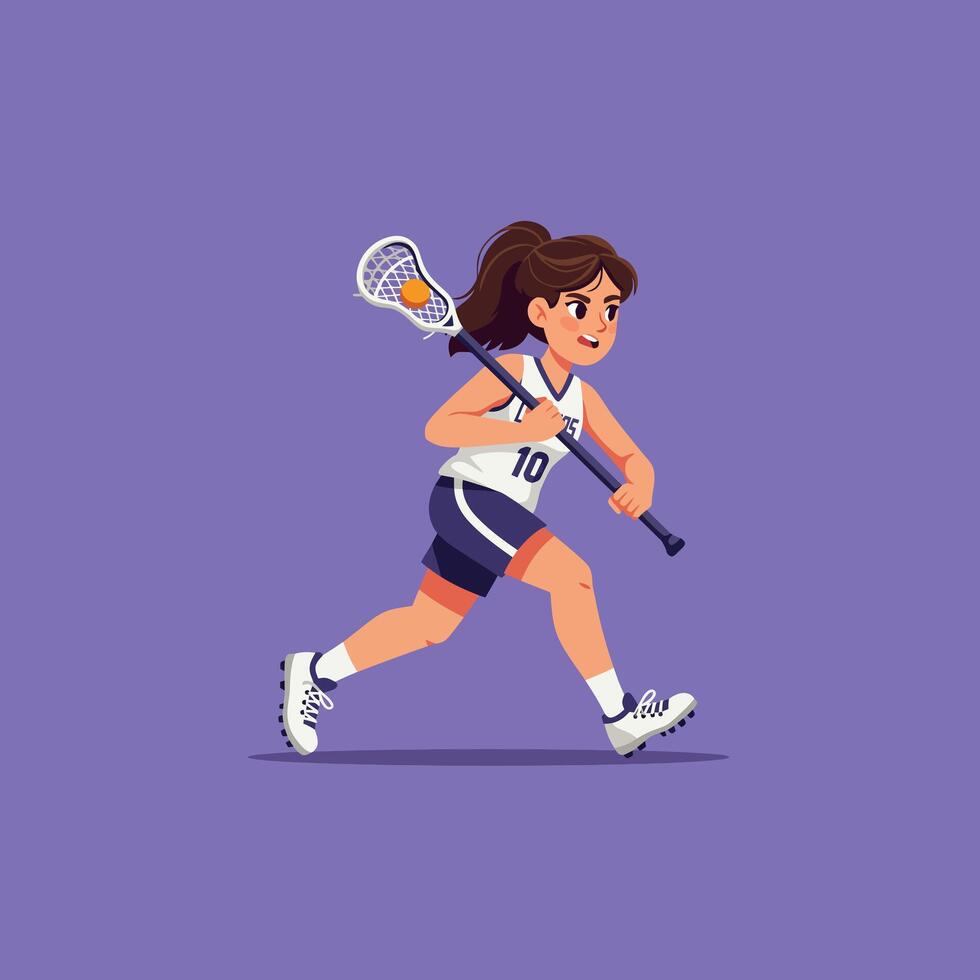 Girl Running with Lacrosse Stick and Ball in Motion on Purple vector