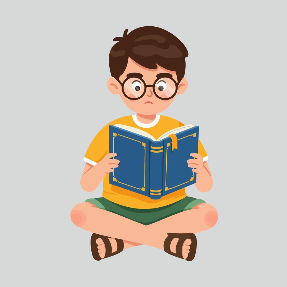 Boy Reading Book While Sitting Cross Legged with Focused Expression vector
