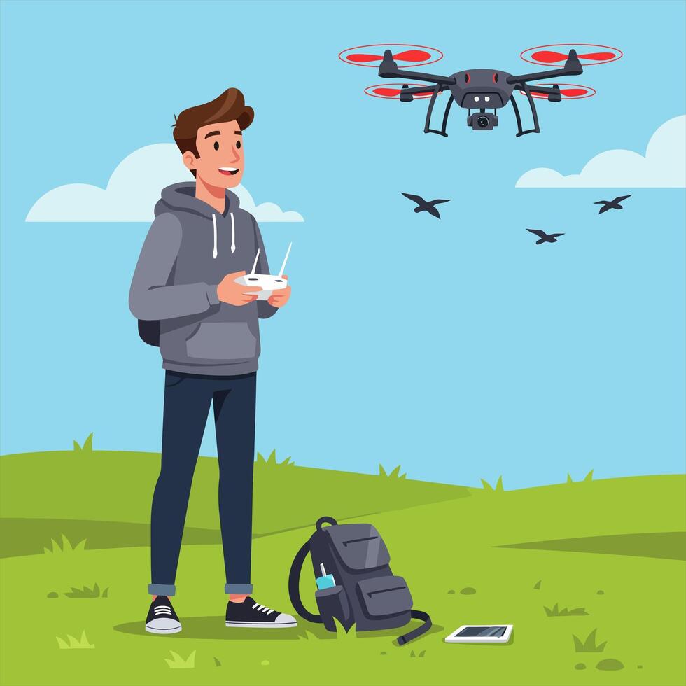 Man Flying Drone Outdoors in Field with Birds in the Sky vector