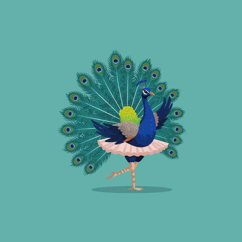 Peacock Performing Ballet in Tutu Cartoon Illustration on Teal Background vector