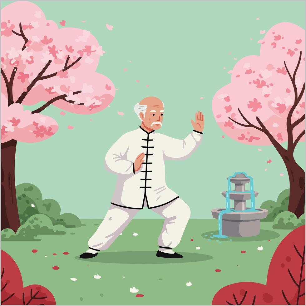Person Practicing Tai Chi in a Garden with Blooming Trees vector