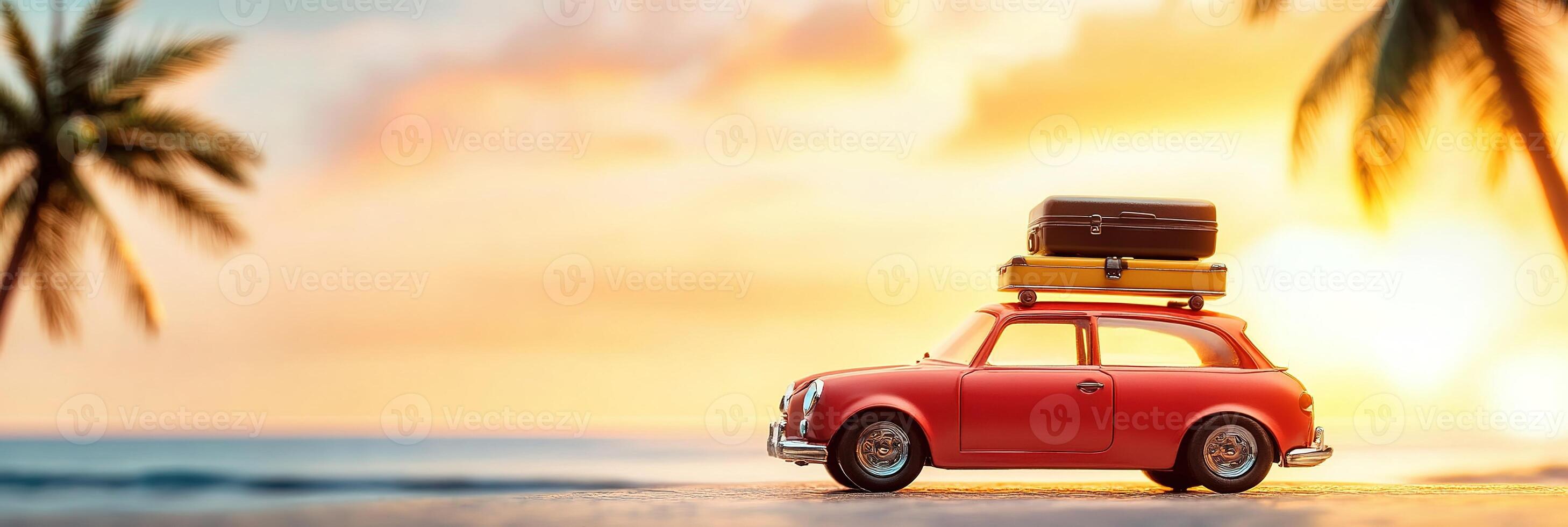 banner summer vacation travel image little red retro toy car with luggage on blurred sea beach background with palm trees with copy space at sunset photo