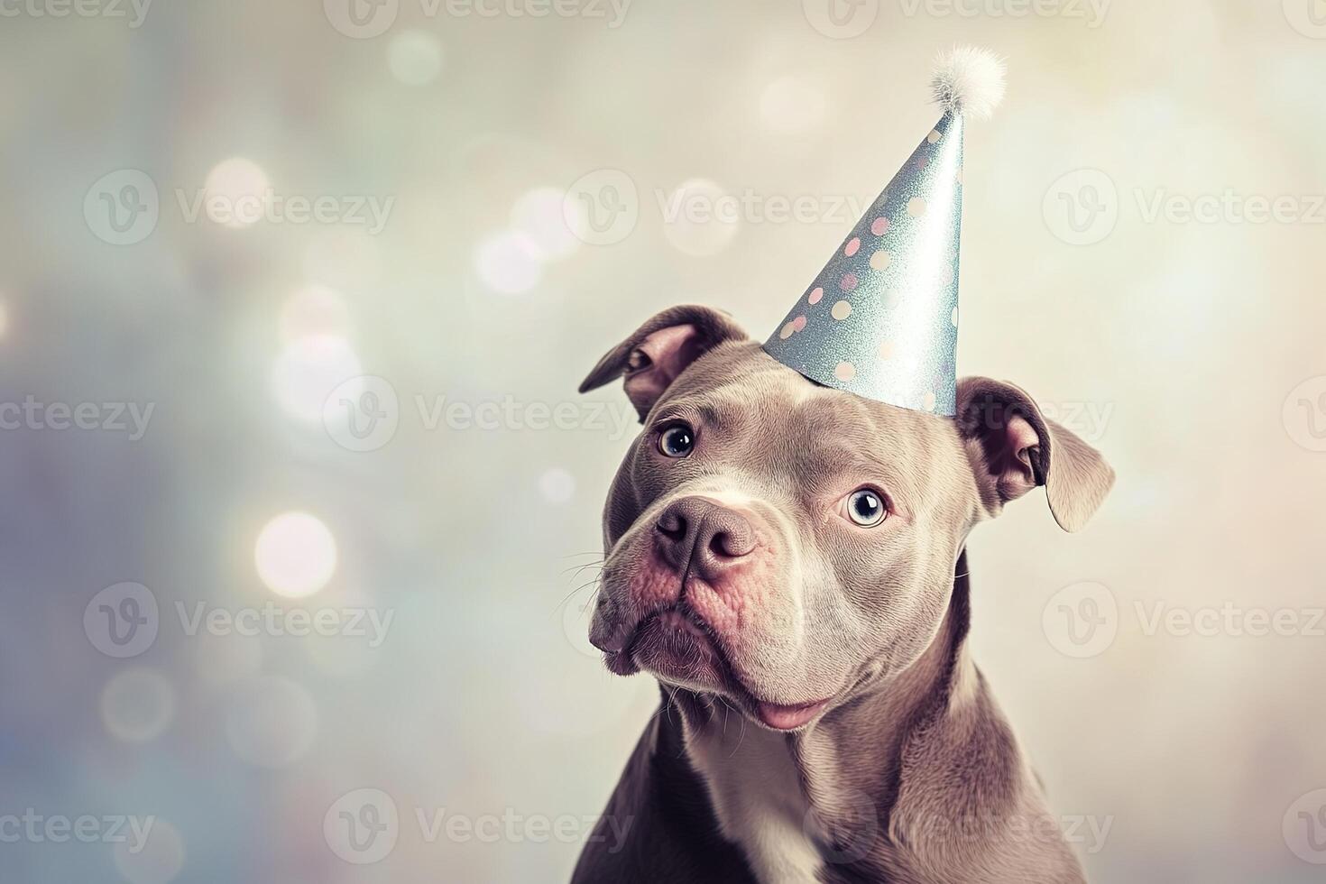 portrait adorable Pitbull dog in a party hat on blurred bokeh lights background with copy space photo