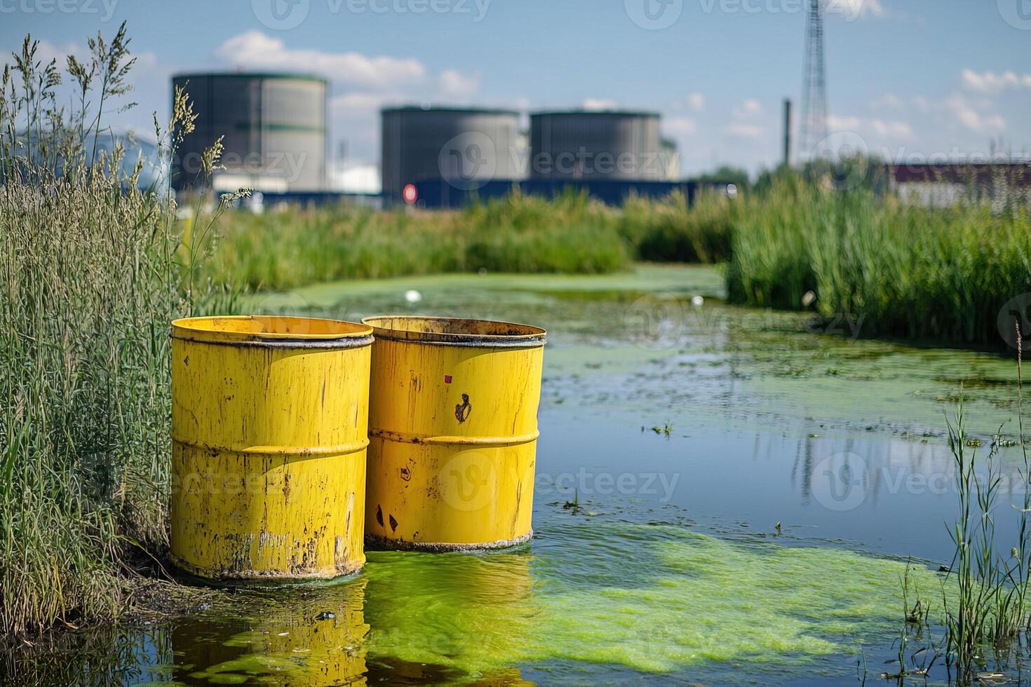 yellow barrels with toxic waste against the background of a factory with pipes photo
