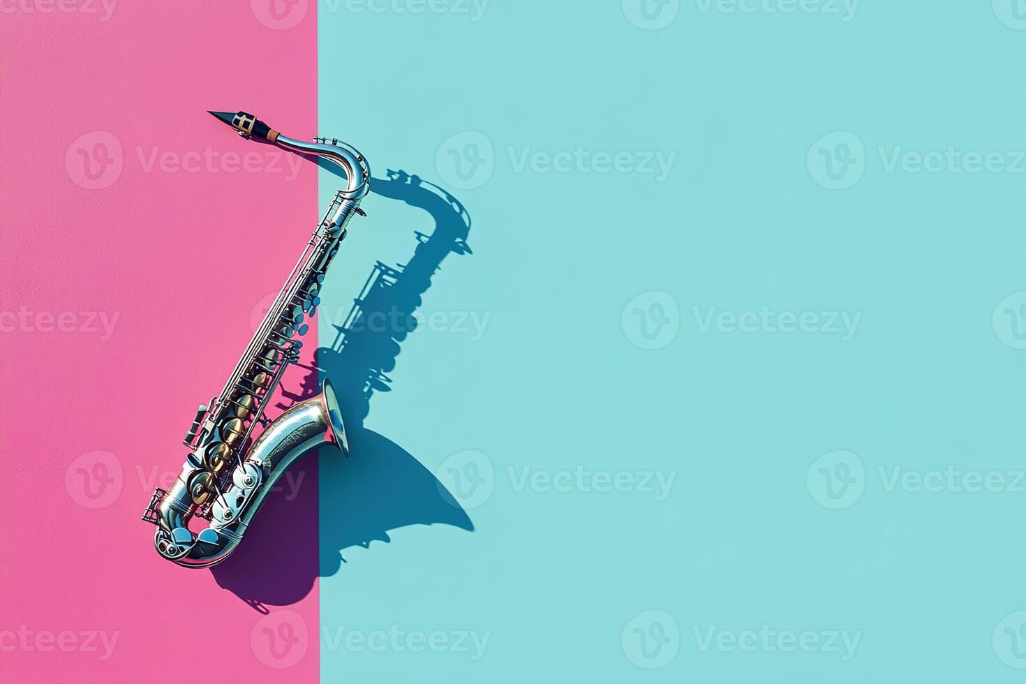 musical card top view saxophone on a pastel blue pink background with copy space photo