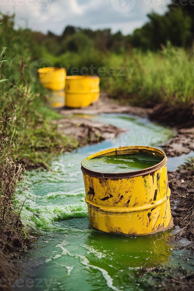 close-up vertical image of a barrel with leaking green toxic waste standing in nature photo