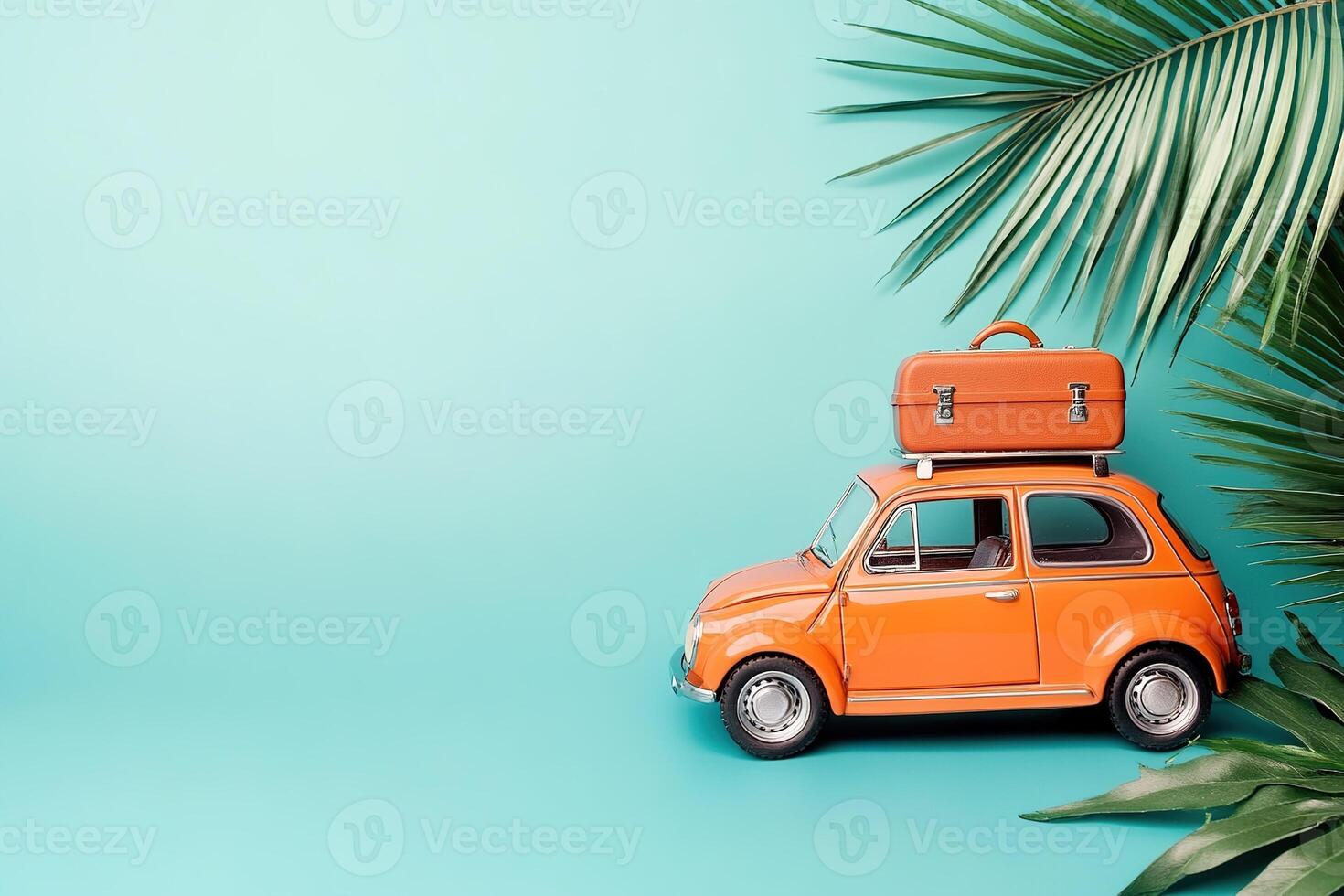 close-up little orange retro toy car with luggage surrounded by green palm leaves on light blue background with copy space summer vacation traveling concept photo