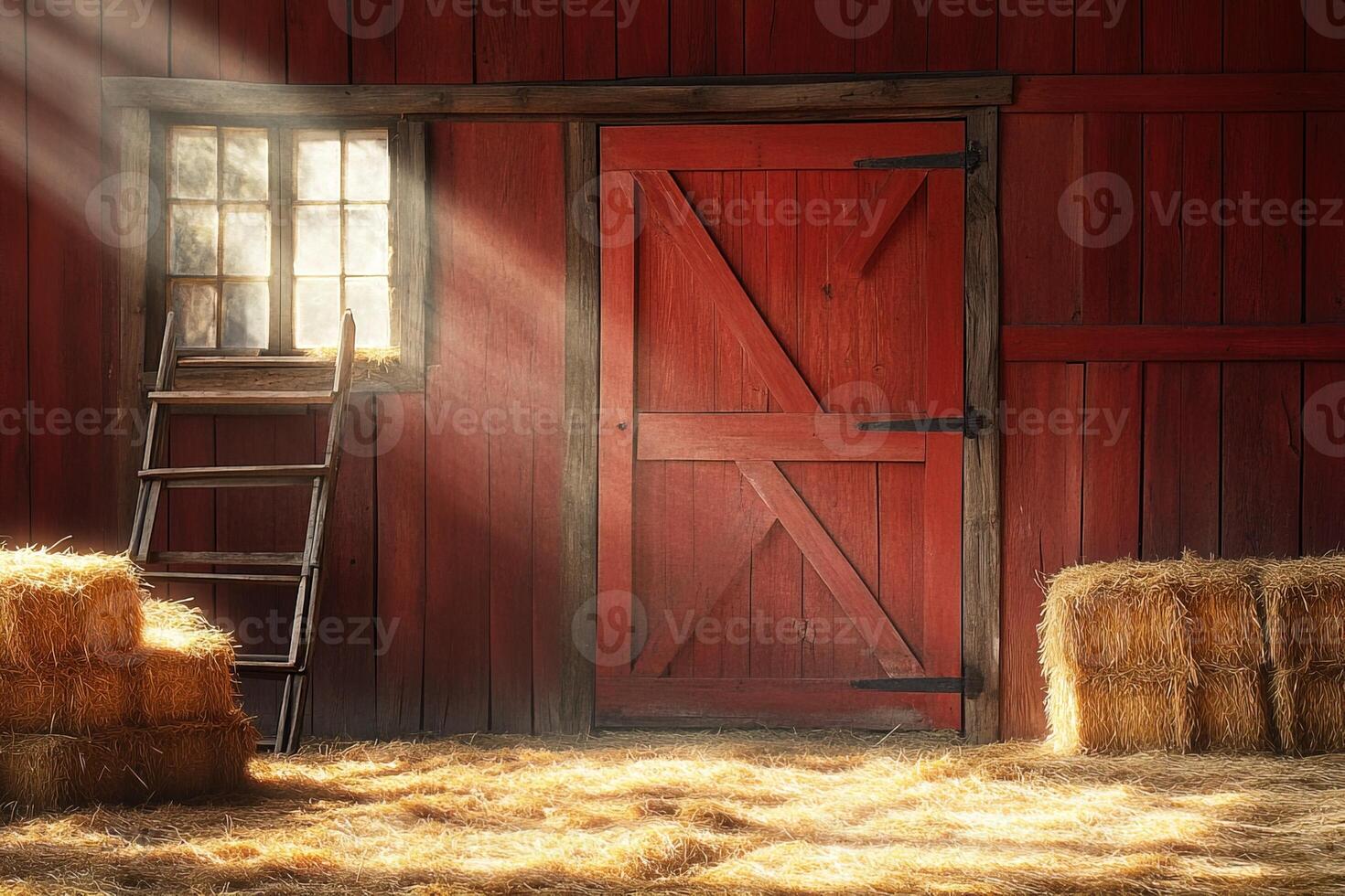 red barn door, surrounded by hay bales and a rustic wooden ladder with sunlight from window photo