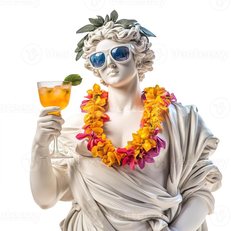 roman female statue wearing a Hawaiian flower garland around neck and sunglasses holds a refreshing cocktail in hands isolated on white background photo
