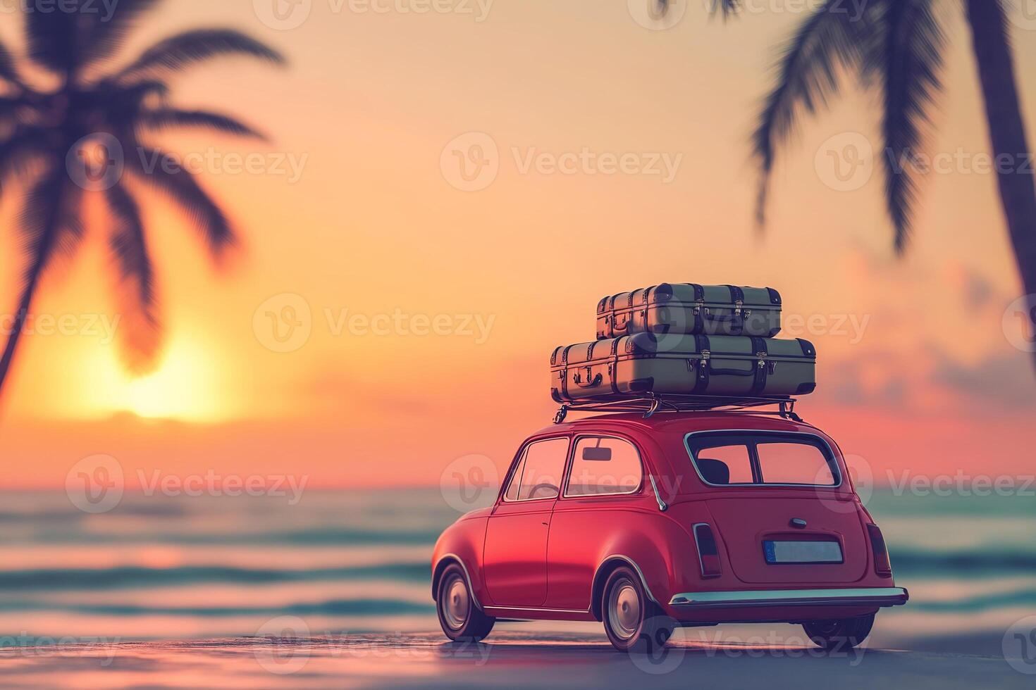summer vacation travel image little red retro toy car with luggage on blurred sea beach background with palm trees with copy space at sunset photo