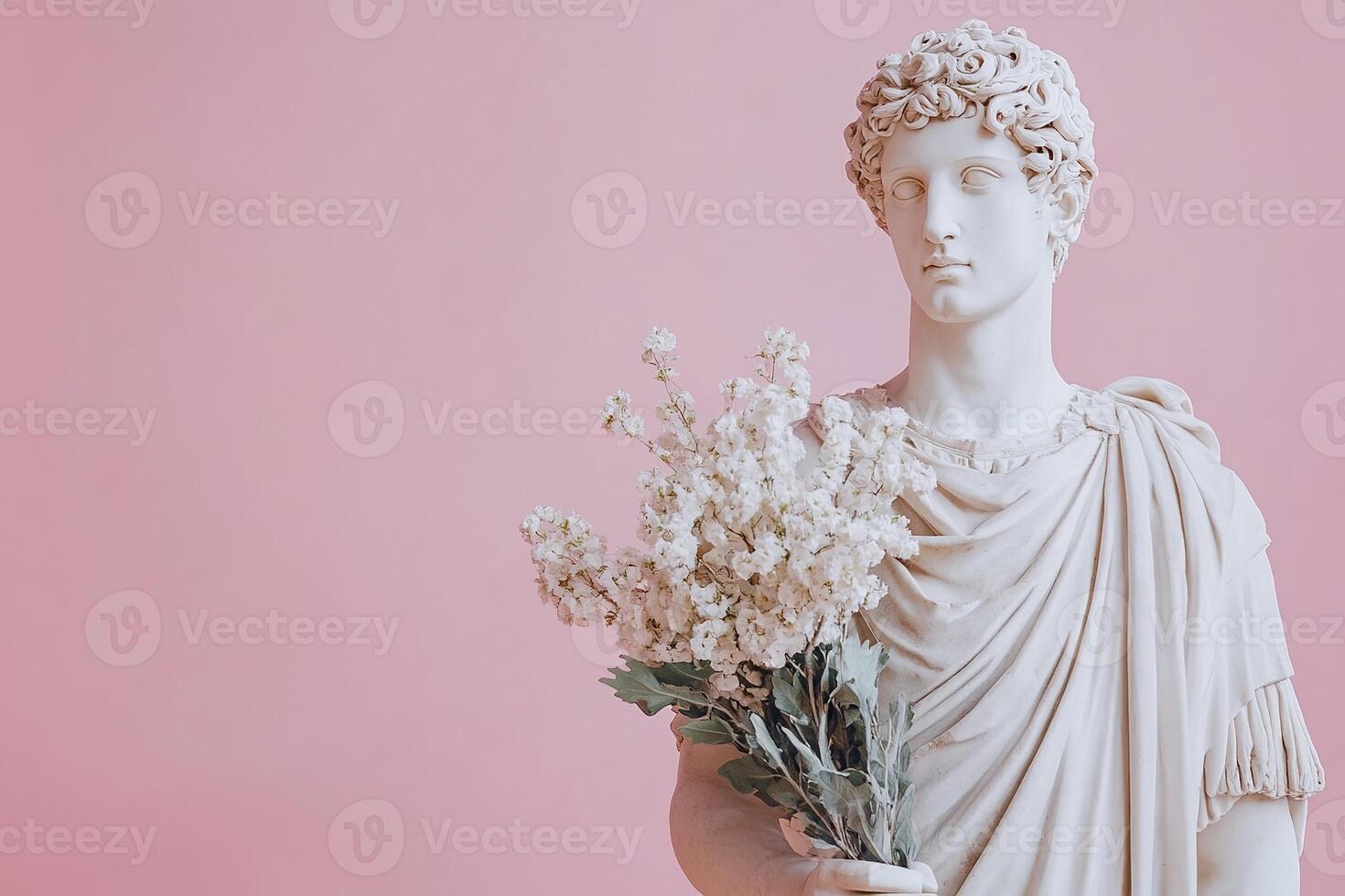 portrait antique roman god statue with bouquet of white flowers on pastel pink background with copy space photo