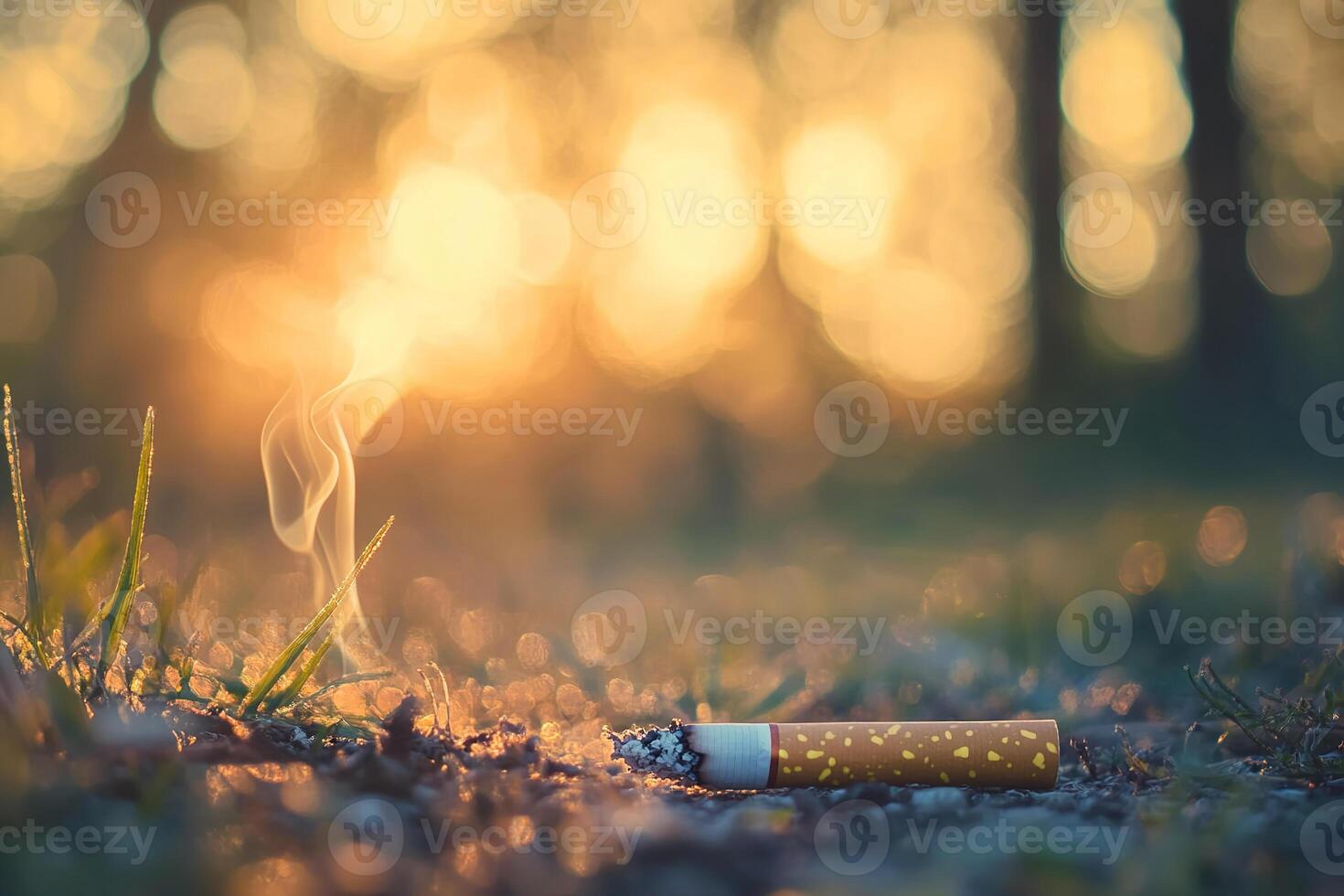 close-up of unextinguished smoldering cigarette on the ground on blurred forest background at sunset photo