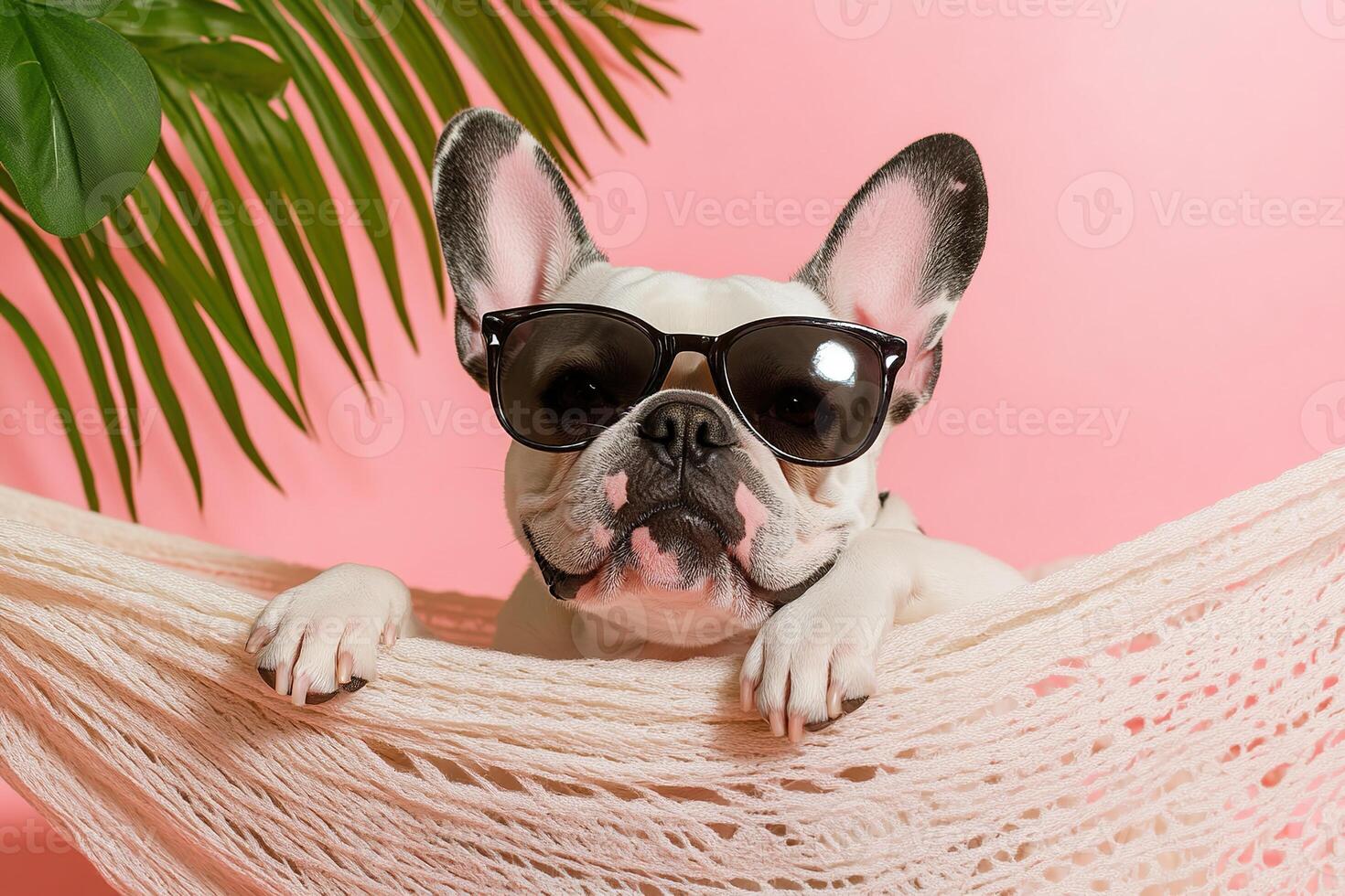 close-up pleased French bulldog dog in sunglasses resting in a hammock on a pink background with palm leaves around photo
