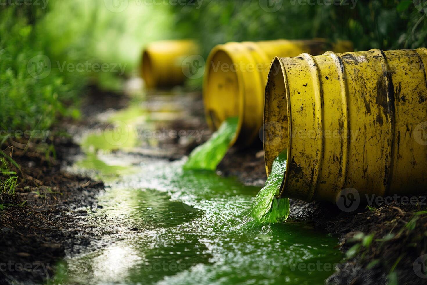 close-up of a barrel with green leaking toxic waste standing in nature photo