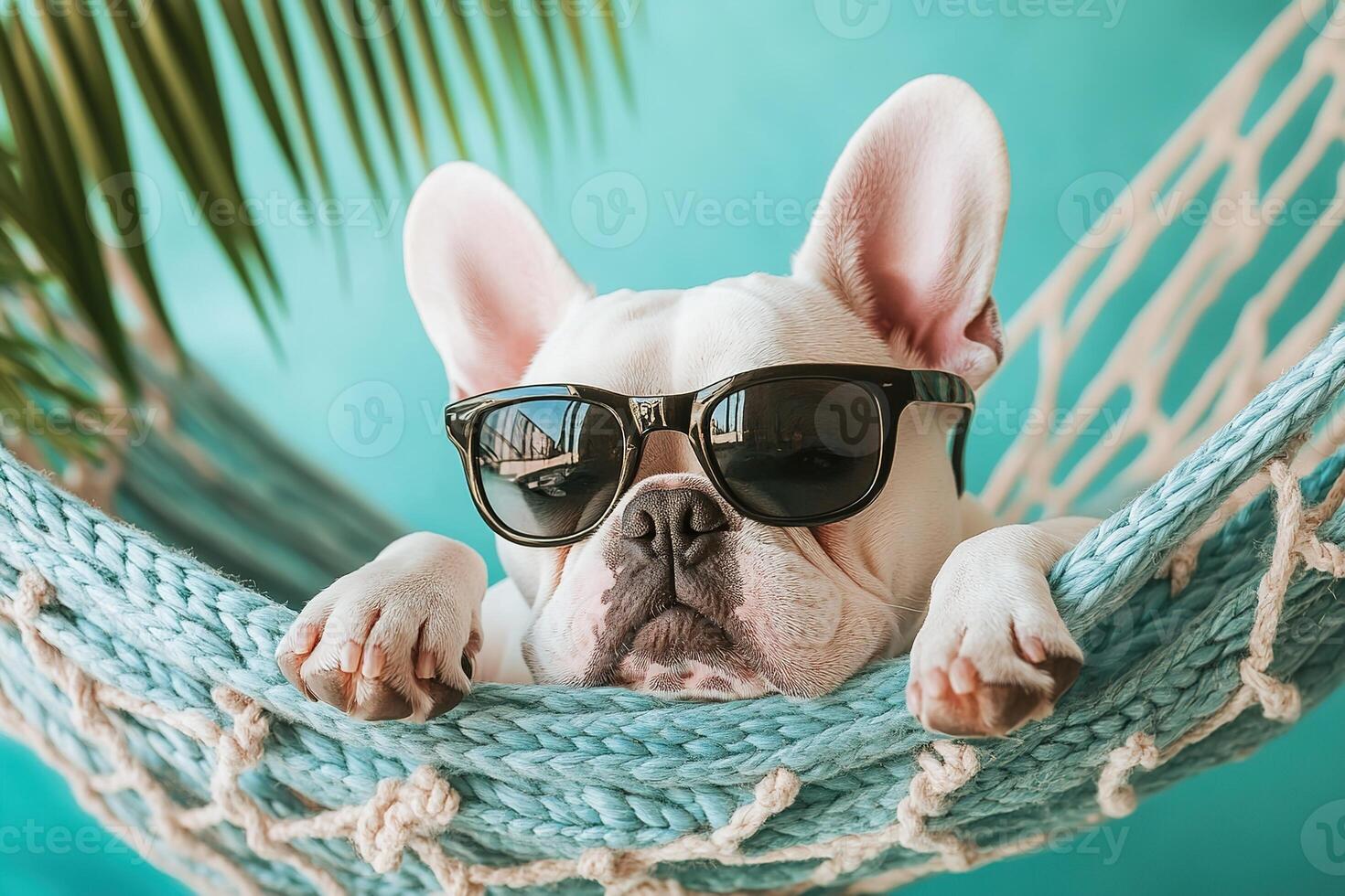 close-up portrait cute French bulldog dog in sunglasses lies in a hammock on pink background with palm leaves photo
