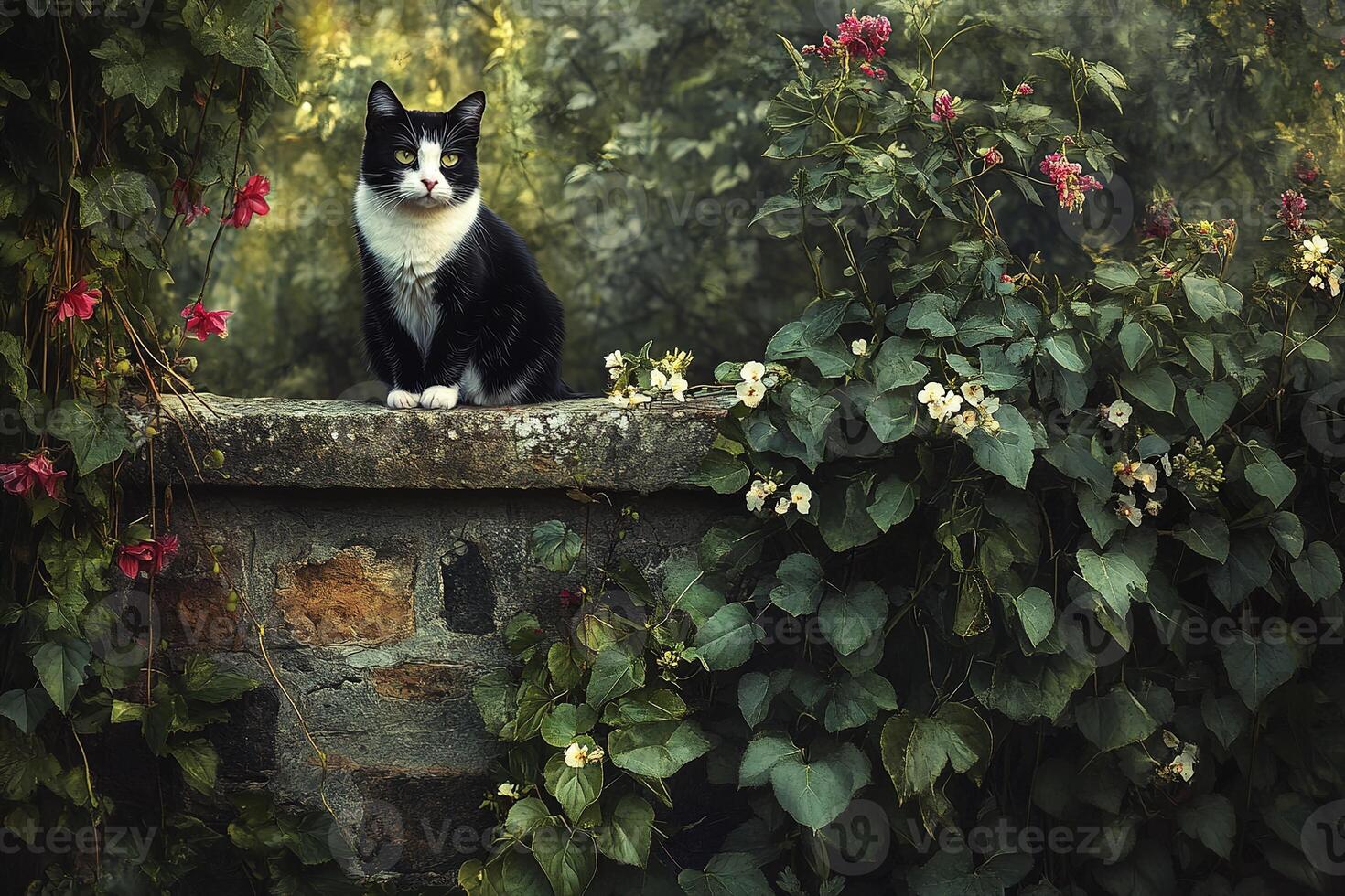 black and white tuxedo cat sits on an old weathered stone fence overgrown with ivy and little flowers photo