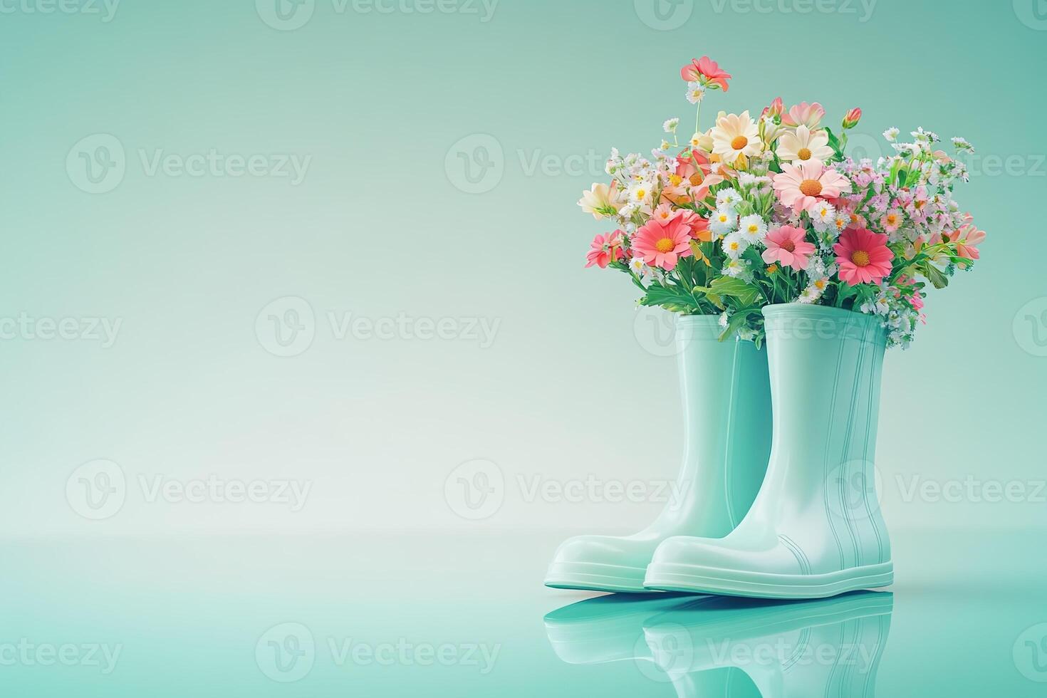 close-up pair of rain rubber boots with different colorful flowers on green background with copy space photo
