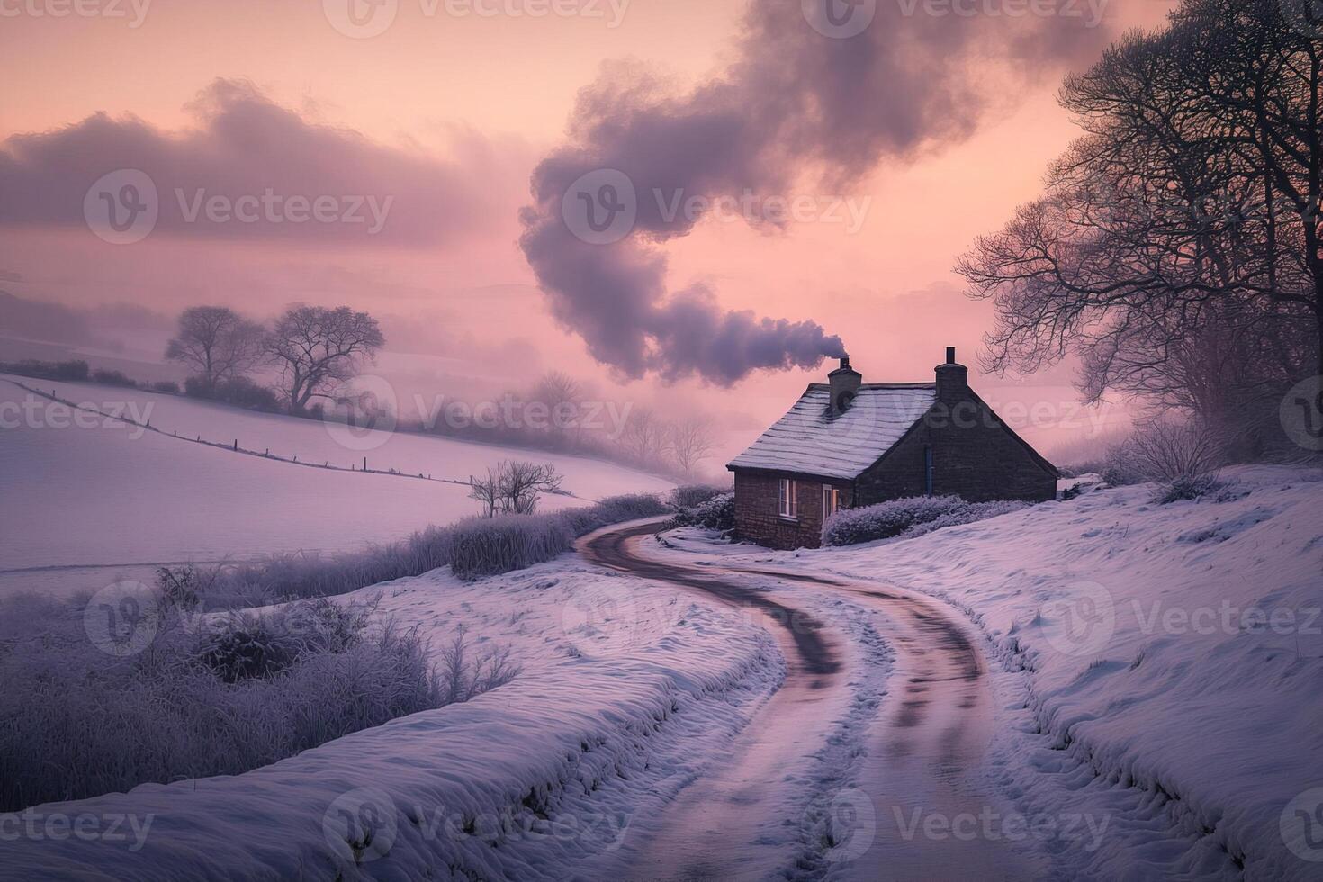 cozy rural cottage with smoke coming from the chimney, surrounded by snow-covered fields and a winding path, side composition, soft pink sunset lighting photo
