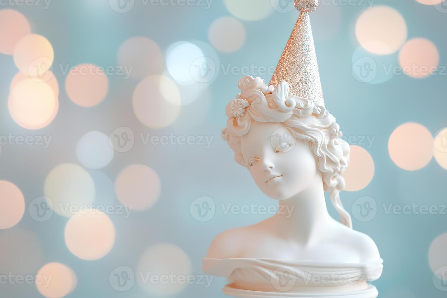 stylish birthday postcard roman antique female sculpture in festive party hat on blurred bokeh lighting background with copy space photo