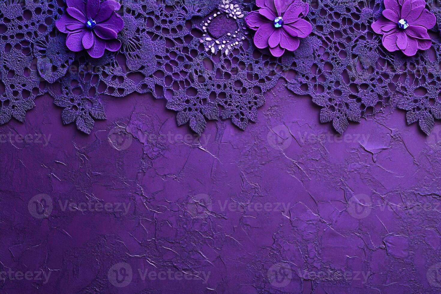 top view purple lace fabric with floral motif textured abstract background with copy space photo