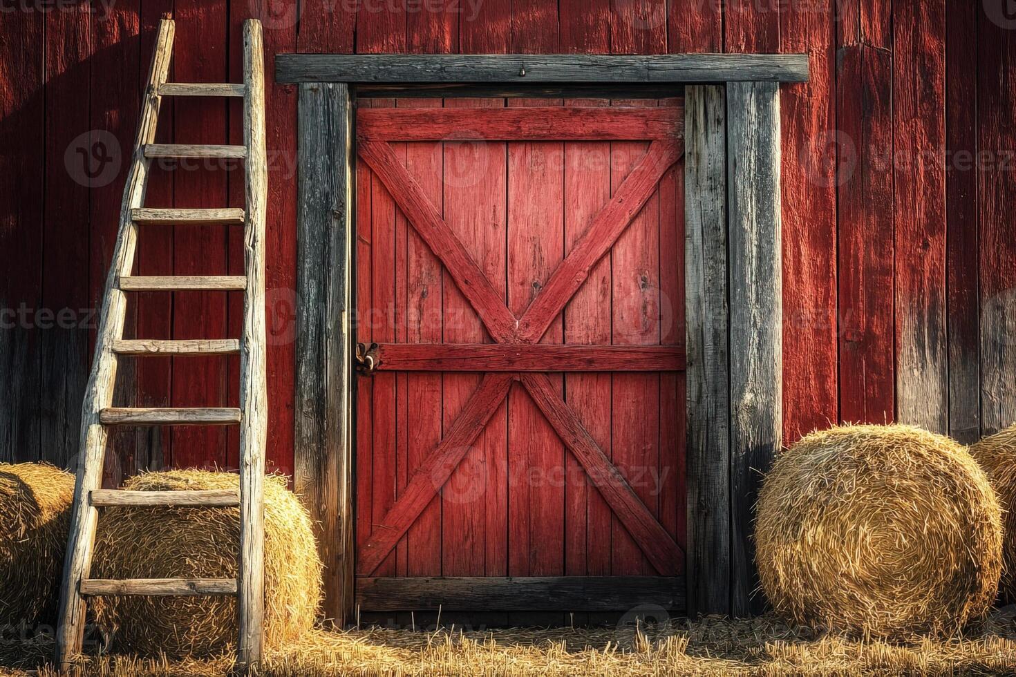 red barn door, surrounded by hay bales and a rustic wooden ladder, centered composition with warm natural sunlight photo