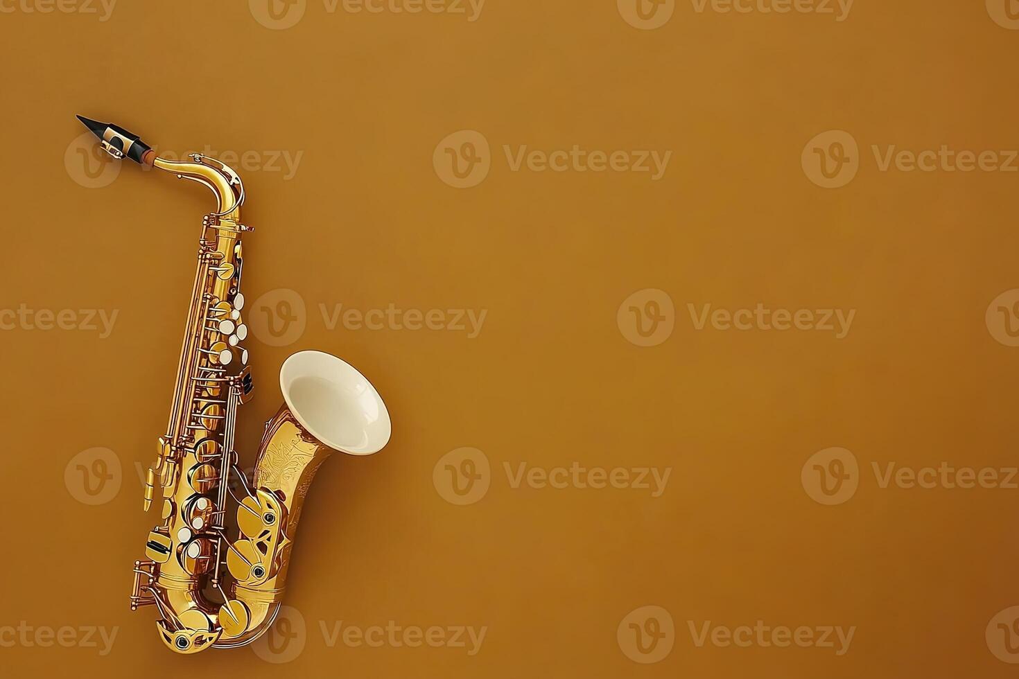 top view saxophone on neutral light brown background with copy space photo