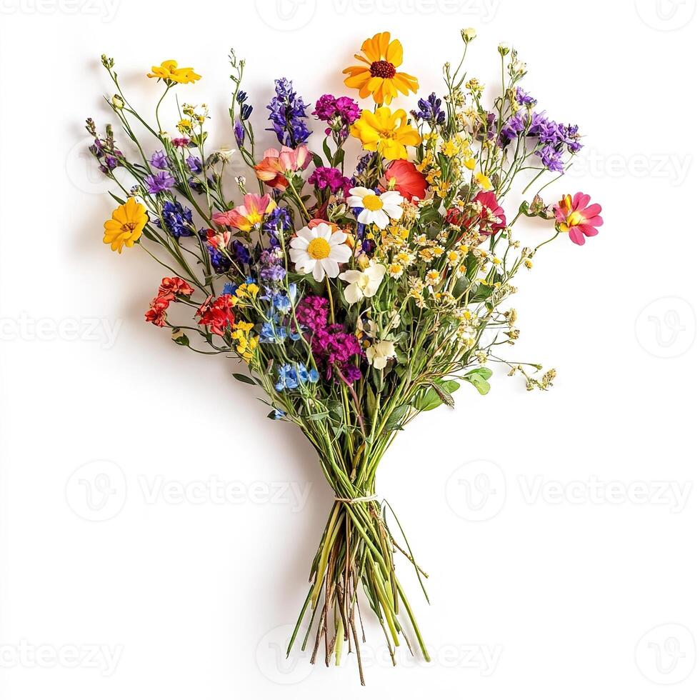 beautiful delicate bouquet of colorful mixed wildflowers isolated on white background photo