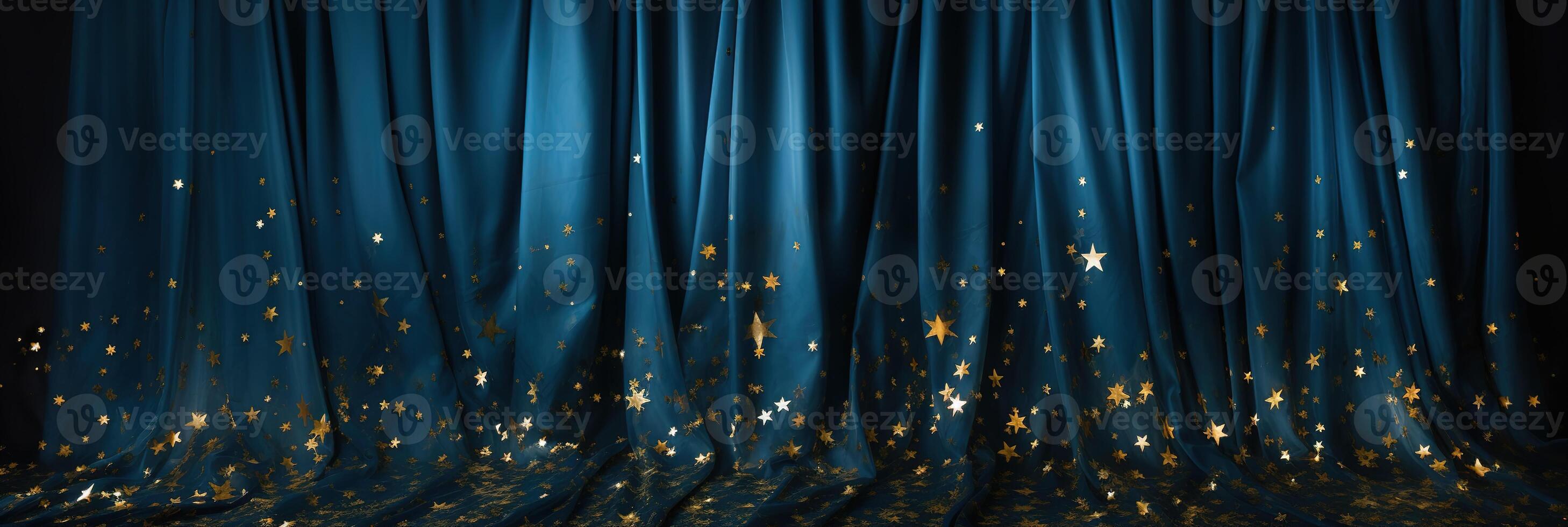 banner of blue curtain with many small golden shiny stars on stage of theater or cinema, empty elegant scene background photo