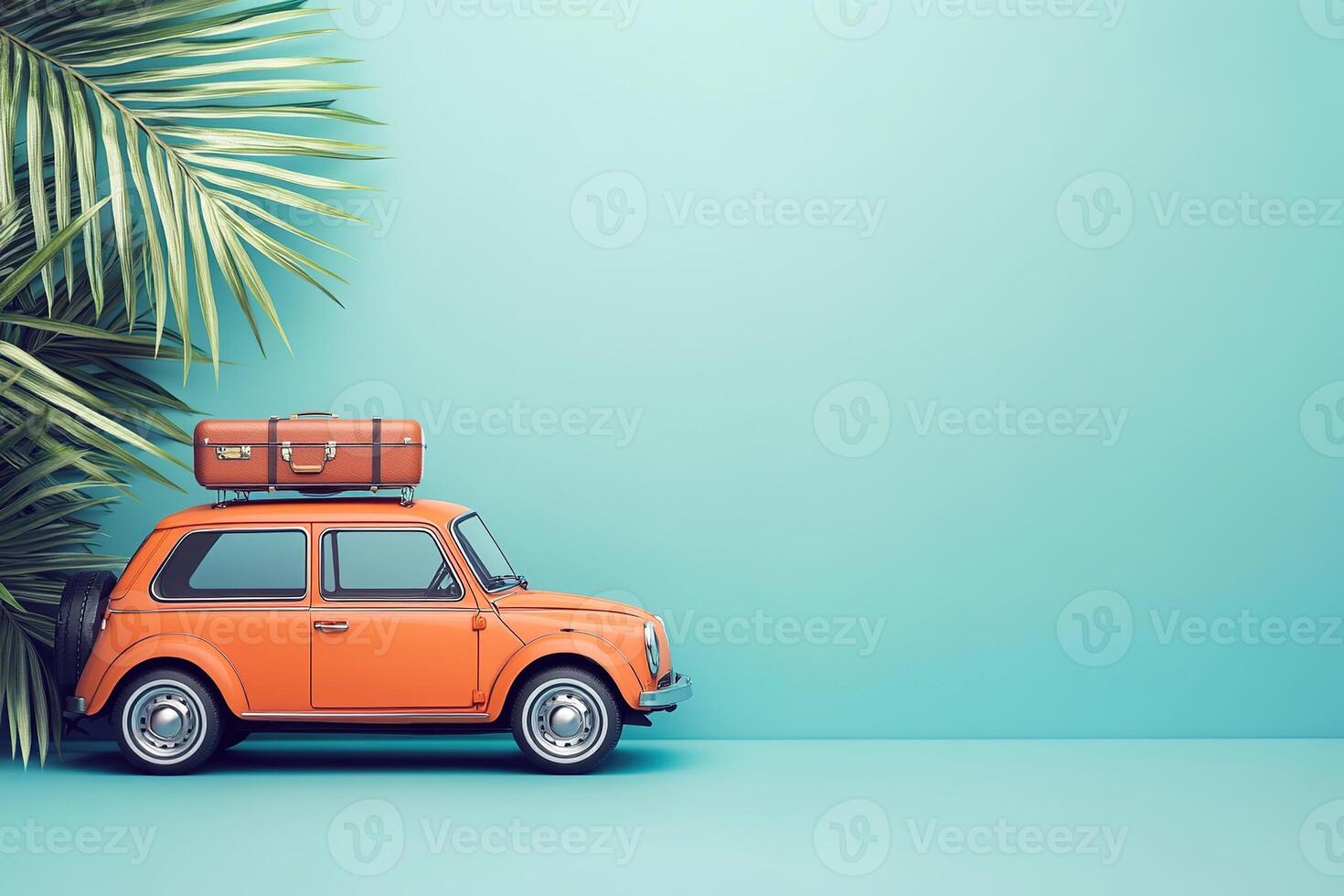 summer vacation travel image little orange retro toy car with luggage on blue background surrounded by palm leaves with copy space photo