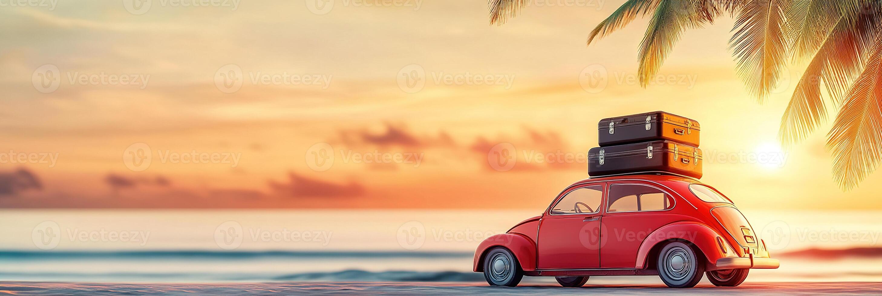 advertising banner vacation traveling concept red retro toy car with suitcase on roof standing against backdrop of summer sea beach with palm trees at sunset or sunrise with copy space photo