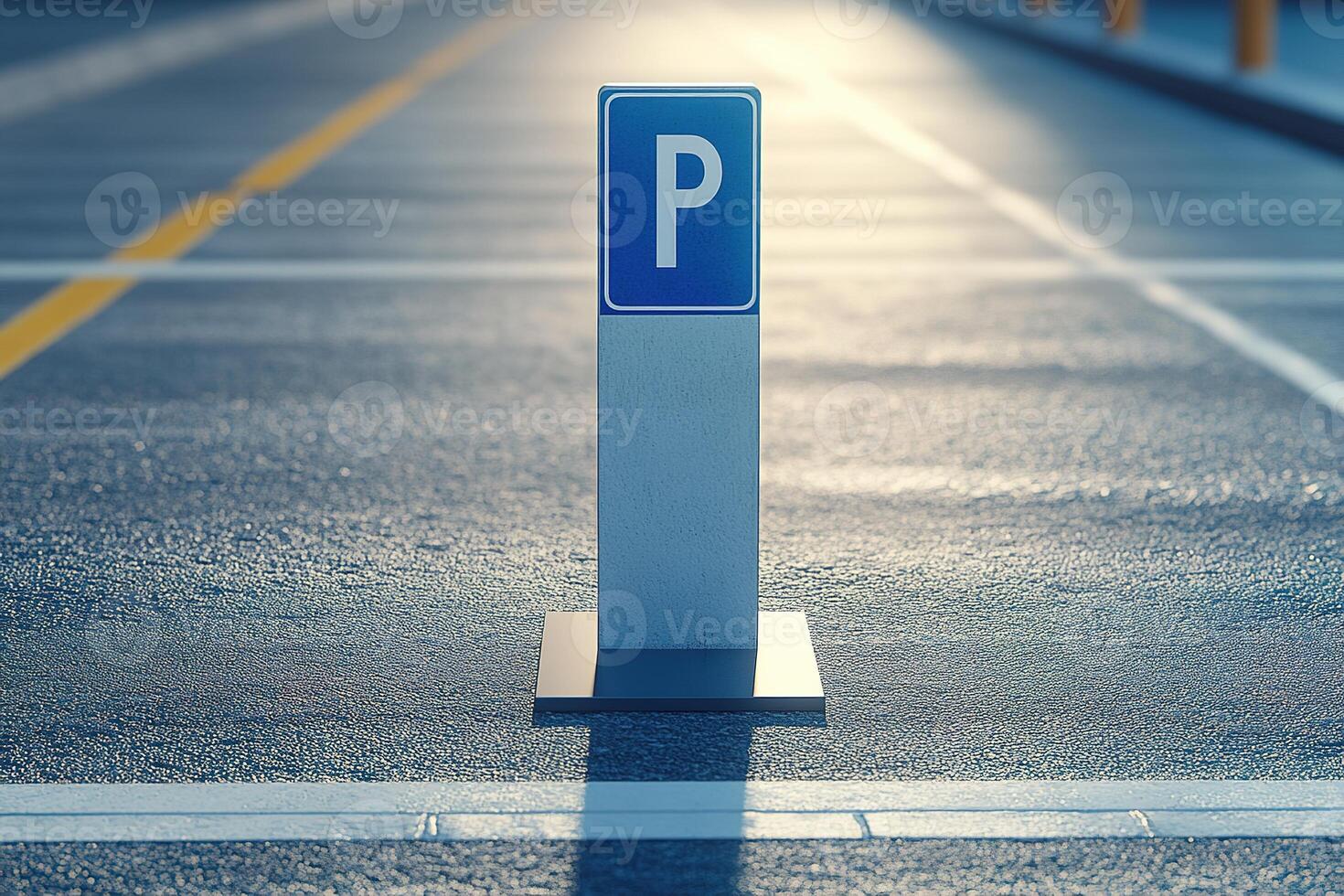 single blue parking sign placed on a clean gray pavement with subtle yellow and white lines photo