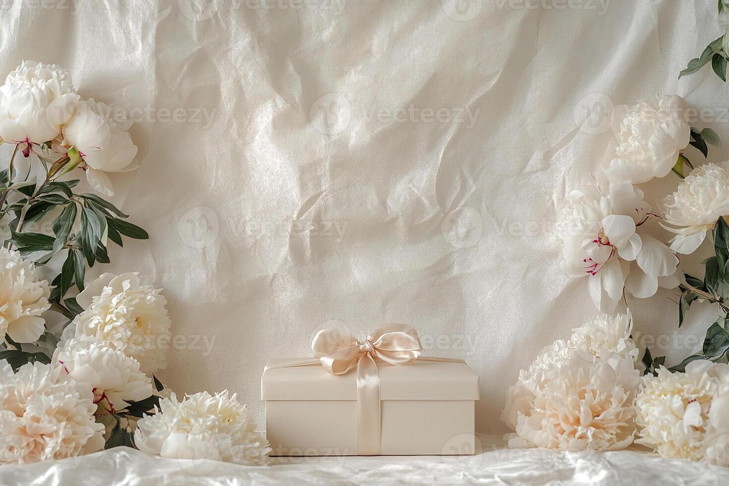 elegant festive card gift bow with white ribbon surrounded by peonies flowers photo