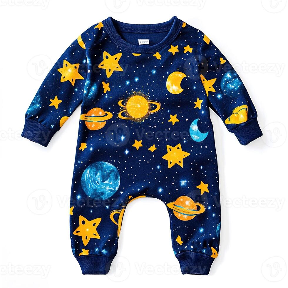 top view little newborn baby overalls with cosmic universe pattern with stars and planets on dark blue isolated on white background photo