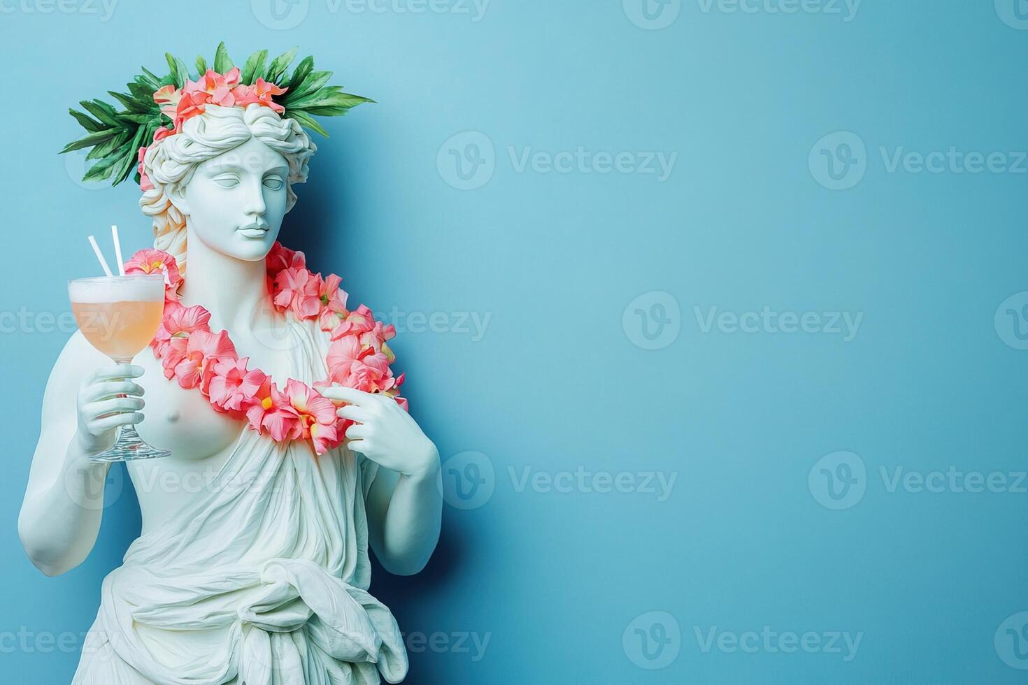 antique roman female god sculpture in pink Hawaiian flower garland holds tropical refreshing cocktail on blue background with copy space photo
