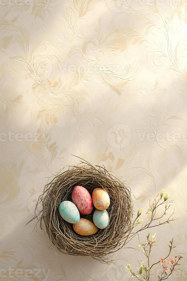 vertical composition top view small bird's nest with colorful eggs, placed on a light beige background with delicate floral patterns photo