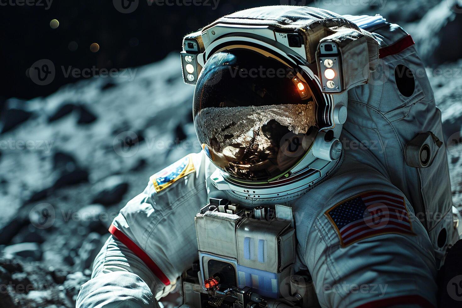 close-up of an astronaut on a cold alien planet photo