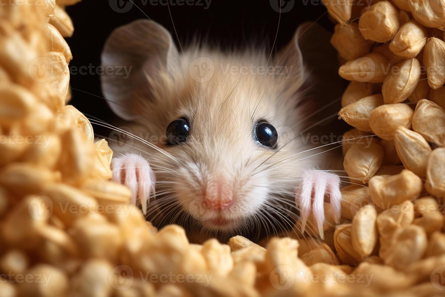 close-up of a cute little mouse peeking out from behind a pile of seeds photo